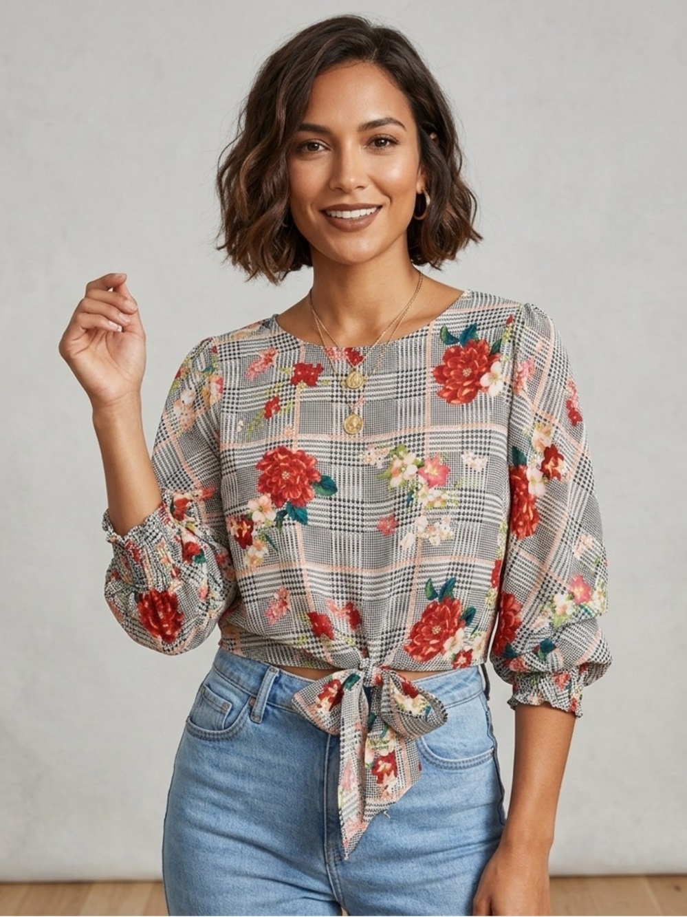 City Vibe Floral Plaid Tie Front Crop Blouse Boho Ruffle Sleeve Y2K Top Size M